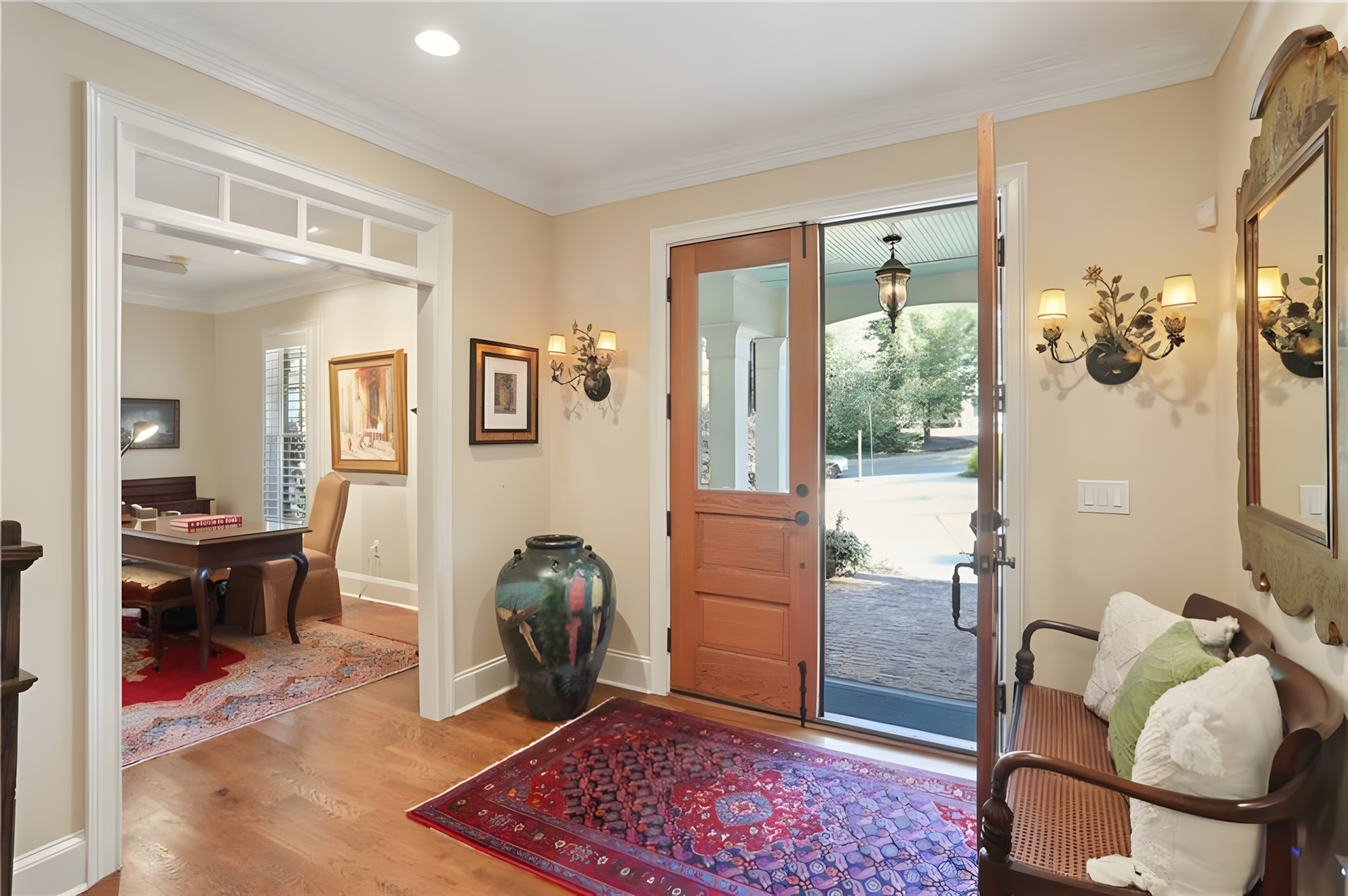front door from inside, red rug