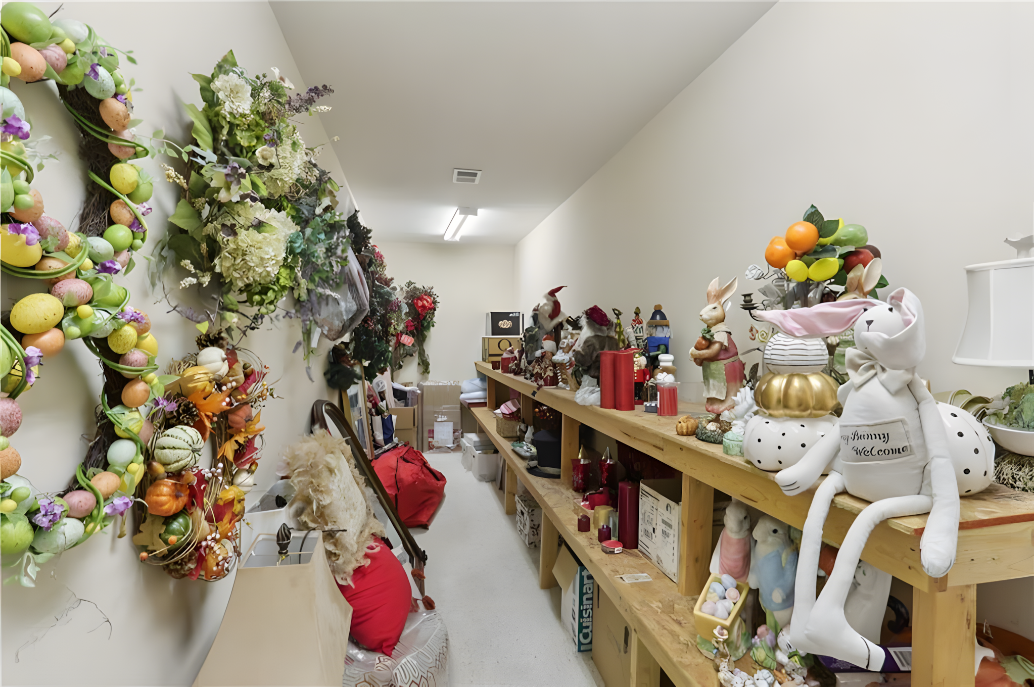 closed hallway with shelf of unique crafted decor and fake plants