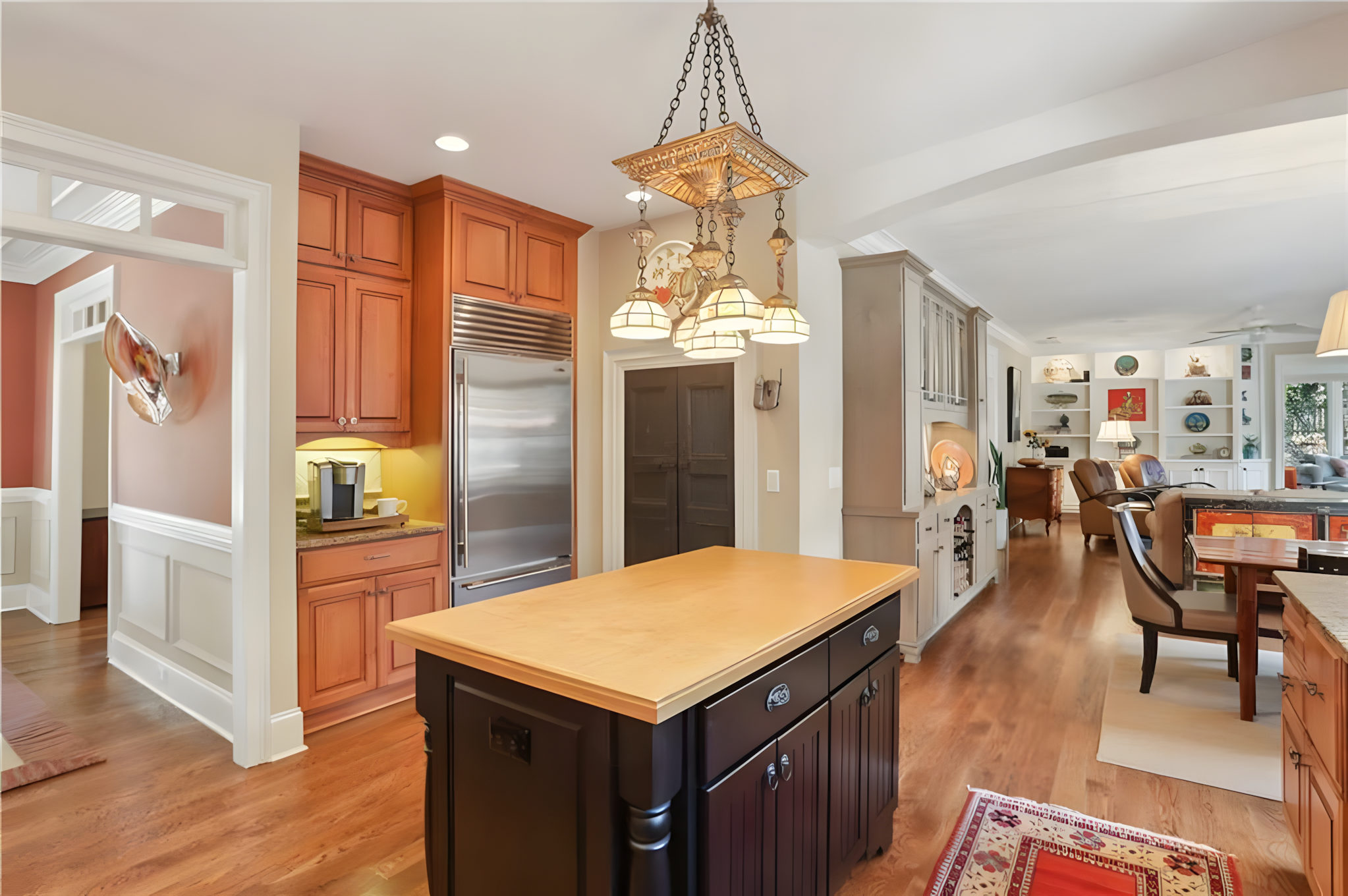 kitchen island, fridge in back