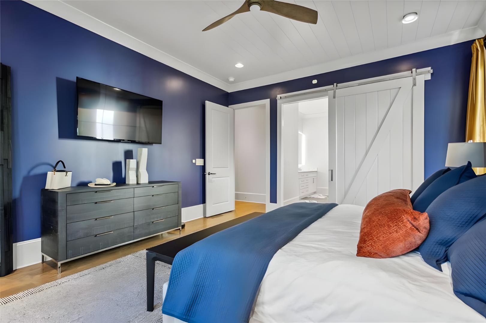 master bedroom blue walls, tv