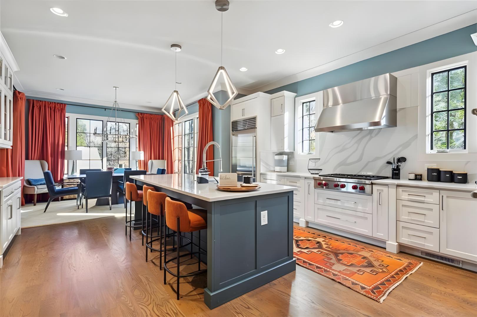 kitchen orange rug modern lights steel range hood