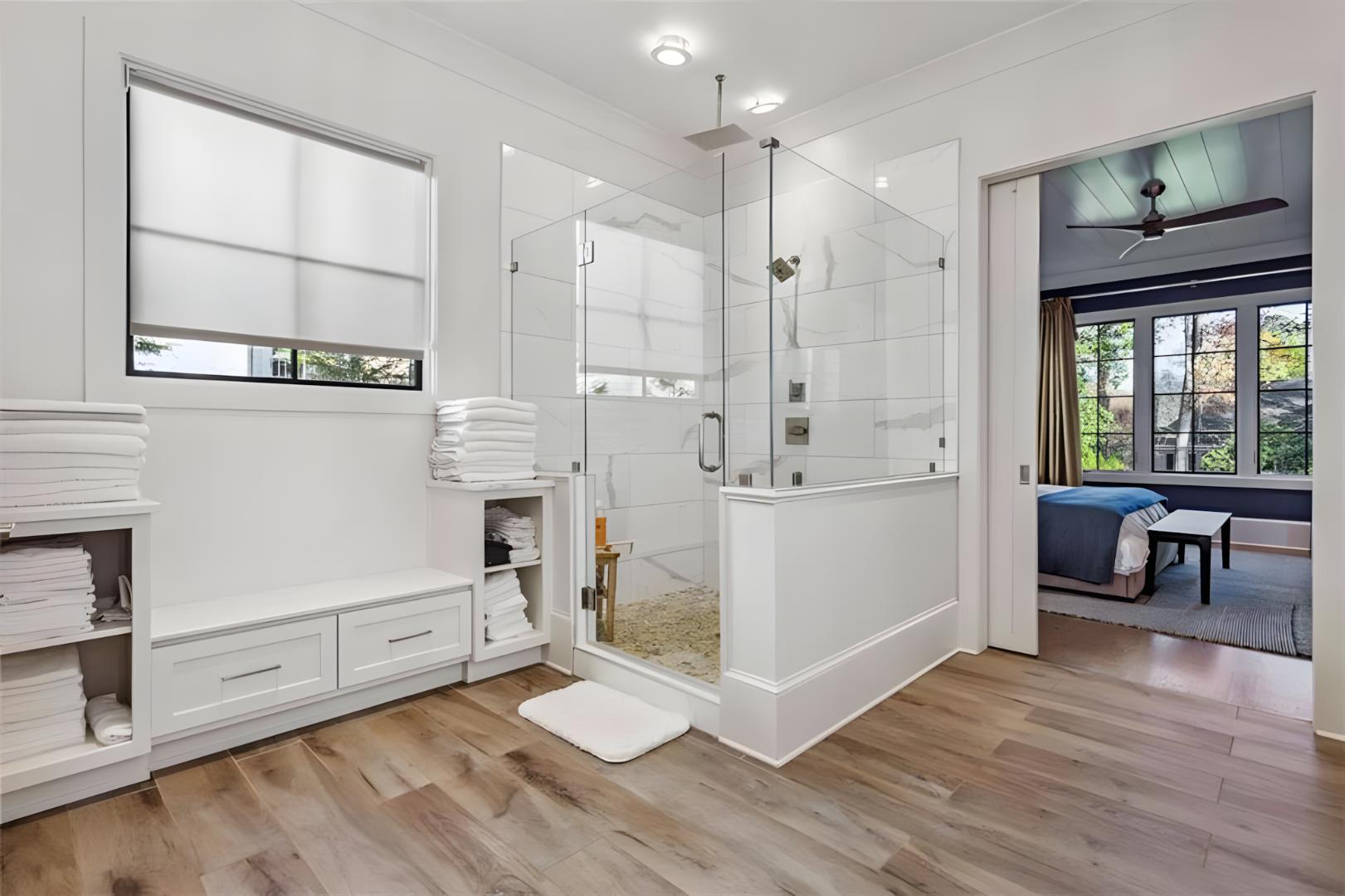 master bath shower white marble