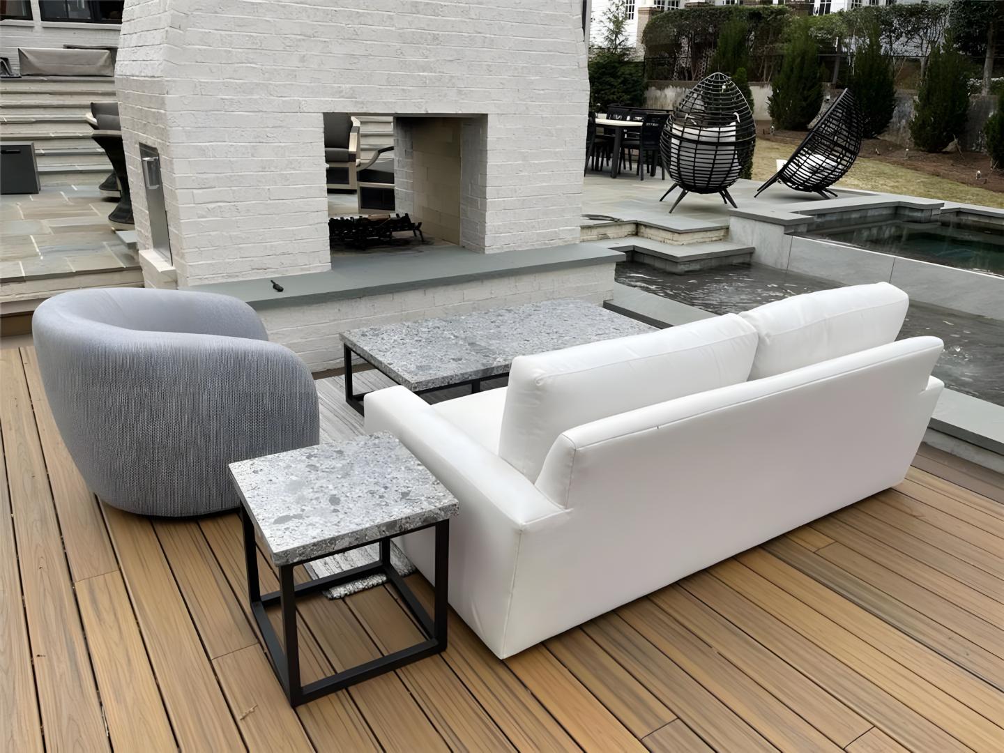 pool deck white double sided fireplace